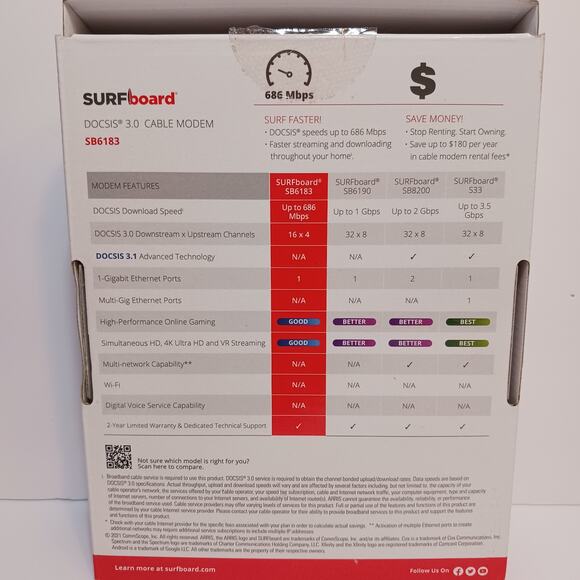ARRIS Surfboard SB6183 Docsis 3.0 Cable Modem White Compatible Spectrum Xfinity - Picture 2 of 13